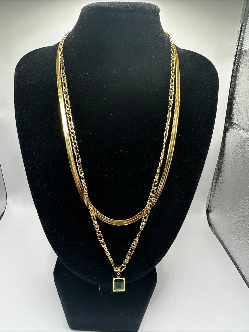 Stainless Steel Gold Emerald Pendant Necklace - Elegant Women Jewelry